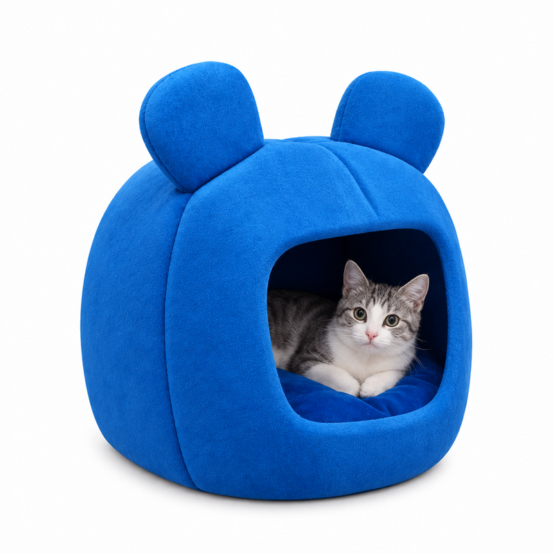 Cozy Blue Cat & Small Pet Cave Bed